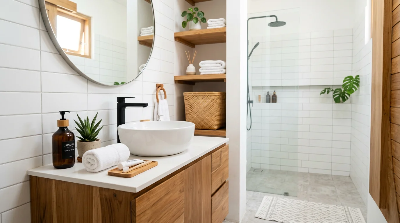 Kamar mandi minimalis modern yang terasa luas dan bersih meski ukurannya tidak terlalu besar